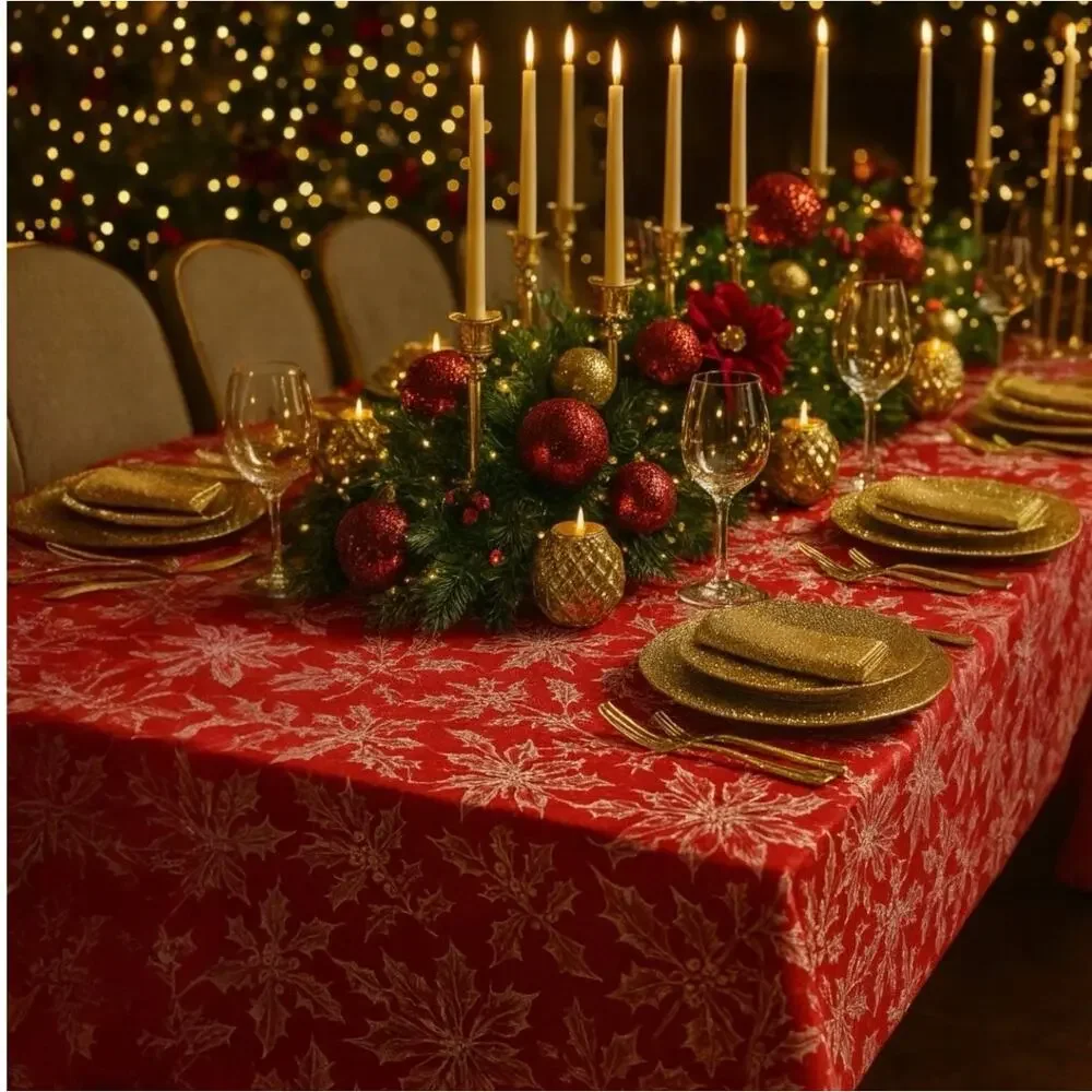 Lauren Ralph Lauren Red Christmas Tablecloth NEW Poinsettia Cotton 60x104 Preppy